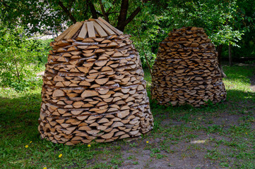 Birch wood logs stacked to dry