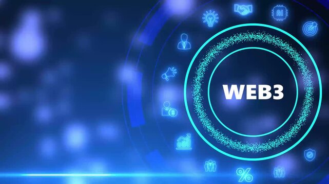 Web3 concept with glowing icons and futuristic circular interface on a dark blue background internet