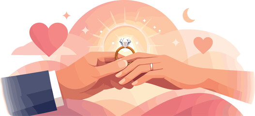 Romantic Connection. Abstract romantic composition featuring connected hands and a radiant ring centerpiece, modern flat vector