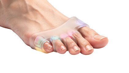 Closeup of a human foot wearing a smart toe cap with visible pressure sensor indicators photographed on a neutral white backdrop.