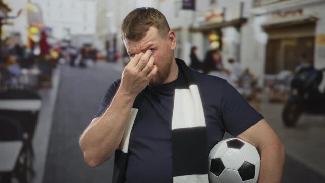 Man holding soccer ball and wearing black and white scarf pinches nose on busy city street beside outdoor cafe seating and parked scooter; disgust.