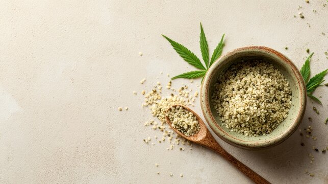 Organic hemp seeds in bowl with green leaves for healthy cooking and nutrition,National Hemp Day