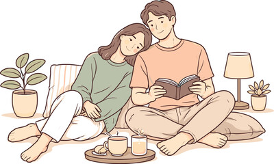 Serene Evening Together. Two partners spending a peaceful evening together in a calm setting, clean flat line illustration showing