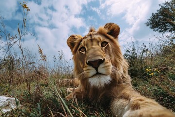 A powerful lion appears in front of a wide-angle action camera lens. Strength and untamed nature.