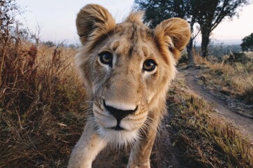 A lion is captured using an action camera in a wide-angle close-up view. Raw wildlife energy and immersive adventure storytelling.