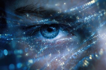 A macro shot shows a pupil reacting to a moving digital interface with abstract reflections. Biometric technology and human–machine interaction.