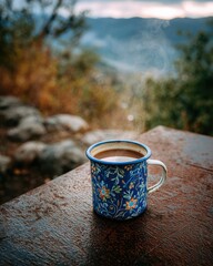 Hot coffee rises in soft steam from a rustic mug. Warmth and outdoor tranquility.