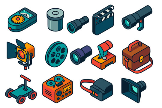 Analog Film Icons. Isometric vector illustration set Analog Film: retro light meter, metal film canister, director&rsquo;s monocular