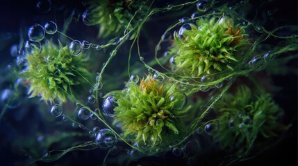 A close-up view shows fresh moss texture with tiny droplets. Purity and organic beauty.