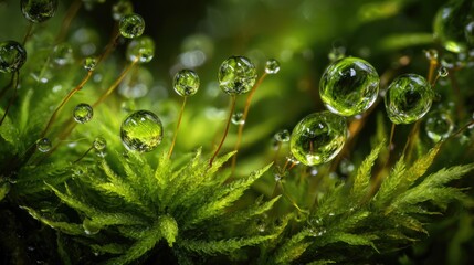 Super ultra macro green moss is covered with sparkling water drops. Playful natural patterns and joyful celebration of nature.