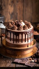 Delicious Chocolate Cake with Drip Icing and Chocolate Rosettes.