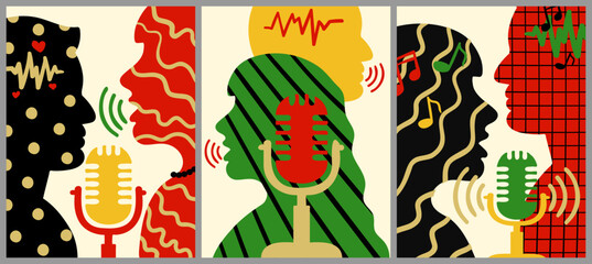 audio podcast posters creative interview banners set -human profiles microphones and sound waves abstract flat style radio and media bold colorful design