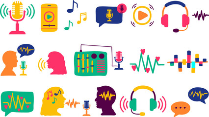 colorful podcast and music icons isolated background hand drawn doodle style vector set radio audio recording studio web design