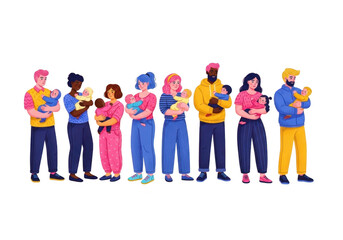 Fototapeta premium A colorful illustration of diverse people holding babies in a line isolated on transparent background