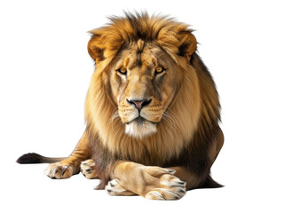 Fototapeta premium A majestic lion with a shaggy mane lying down isolated on transparent background