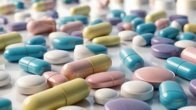 Different types of pills and capsules on a flat surface in a well-lit area showing various colors and sizes
