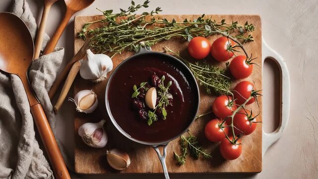 Cooking with fresh ingredients in a kitchen setting using herbs, garlic, tomatoes, and sauce
