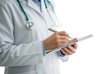 A doctor in a white lab coat writing on a clipboard isolated on transparent background