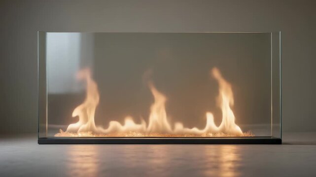 Modern glass fireplace features flames and adds warmth to indoor space with simple design and clean lines