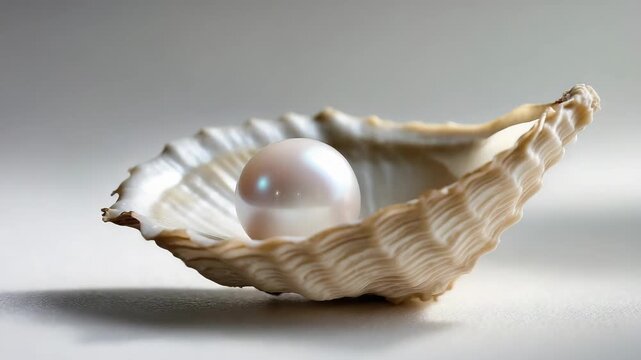 Pearl resting in an open shell on a simple surface during indoor light conditions