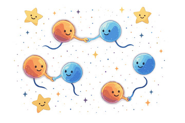 Obraz premium Entangled Particles and Stars. Quantum entanglement scene with pairs of glowing particles holding hands across space, smiling