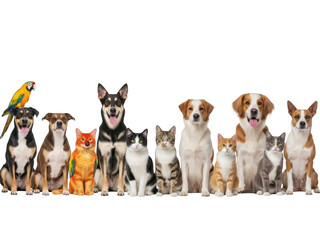 Variety of pets including dogs and cats isolated on transparent background