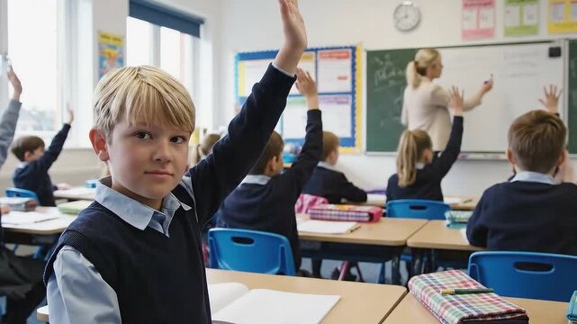 Young boy raising hand in classroom while peers participate, teacher writing on board, engaging students in interactive learning environment