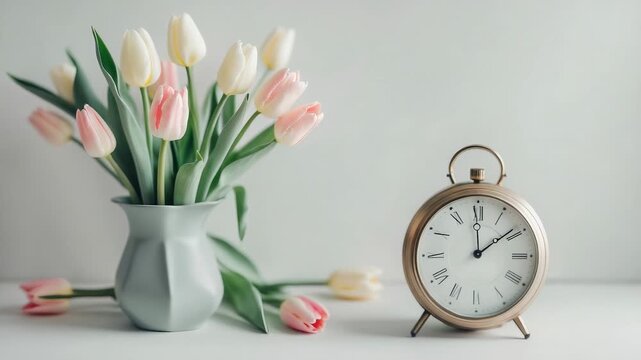 Spring flowers and clock on table create an inviting setup for mornings in a bright room