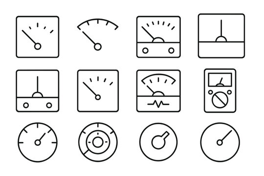 Analog Meter Icons. Line style icons of analog meter: needle, scale, galvanometer, measurement; voltmeter, ammeter, ohmmeter,