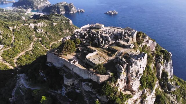 Angelokastro Castle near Palaiokastritsa and Krini, Corfu Island, Ionian sea, Central Corfu and Diapontia Islands, Greece, summer sunny view of Angelokastro fortress, Kerkyra travel, Greek landscape