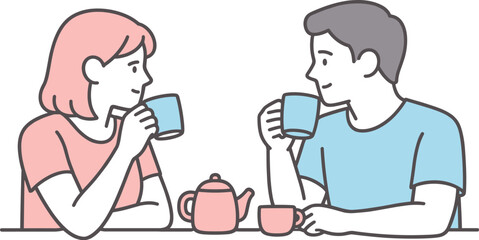 Coffee Time Together. A man and woman sit together drinking coffee, facing each other in a calm shared moment, minimalist flat
