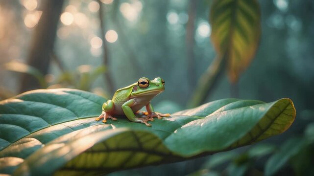 Green frog on a leaf in a forest during morning light