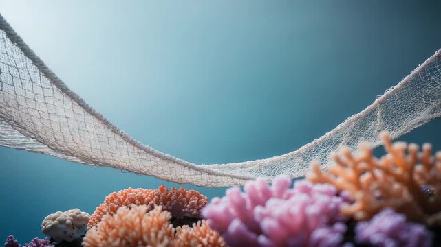 Underwater view of coral and net in ocean with vibrant colors and ocean sunlight shining