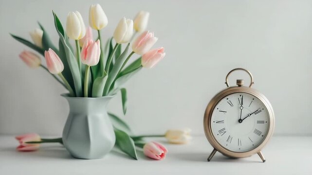 Flowers and clock on a table in a soft light setting with tulips and a decorative timepiece