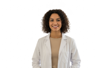 Smiling young woman wearing a lab coat isolated on transparent background with curly hair