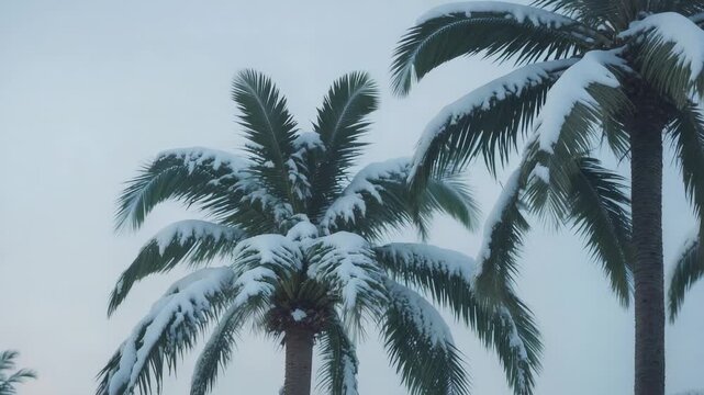 Snow covers palm trees in a tropical location during winter weather event