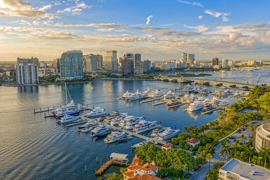 aerial view of West Palm Beach and Royal Park Bridge and Palm Beach Marina