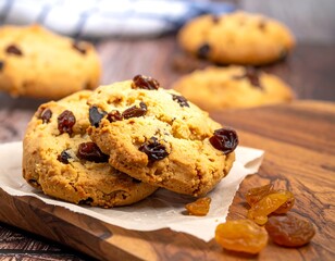 Delicious Raisin Cookies on Wooden Board - A Sweet Treat.