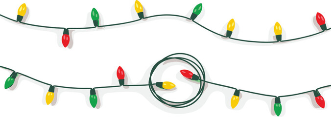 Naklejka premium Vibrant string of traditional holiday lights with a playful tangle, featuring red, yellow, and green bulbs, ready to illuminate festive celebrations and home decor on a clean white background