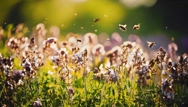 A landscape with many swarms of bees flying among the flowers