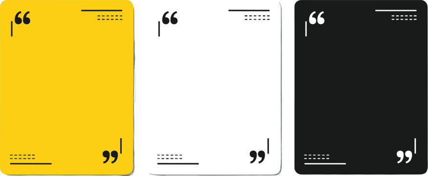 Set of three modern square quote box templates in yellow, white, and black. Minimalist design for testimonials, inspiring messages, or important text display