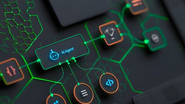 AI workflow automation artificial intelligence software interface nodes triggers data tool dashboard coding icon flow process technology 3d rendering.