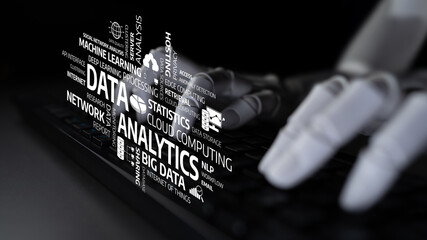 A futuristic close-up of robotic hands interacting with a keyboard, featuring various keywords related to data, analytics, and technology in a sleek black background. Tessel