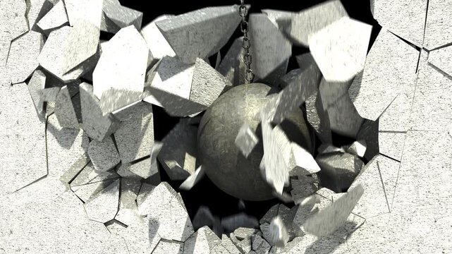 A metal wrecking ball pierces a concrete wall. 3d animation with alpha channel.
