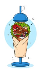 Delicious Shawarma Wrap Illustration with Fresh Ingredients and Vibrant Colors.