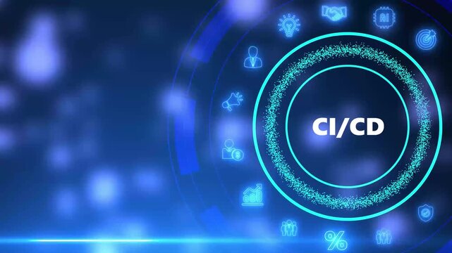 Futuristic digital display featuring CI/ CD concept with illuminated icons and circular data stream on a dark blue backdrop
