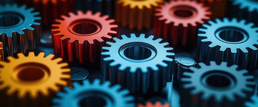 Colorful gears meshing, teamwork, industry, background blur