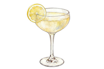 watercolor illustration of a French 75 cocktail with lemon garnish in a coupe glass isolated