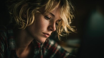 Fototapeta premium Woman with short hair looks down while lost in thought in a dimly lit room during the evening