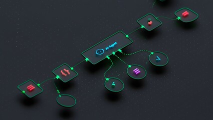 AI workflow automation artificial intelligence software interface nodes triggers data tool dashboard coding icon flow process technology 3d rendering.